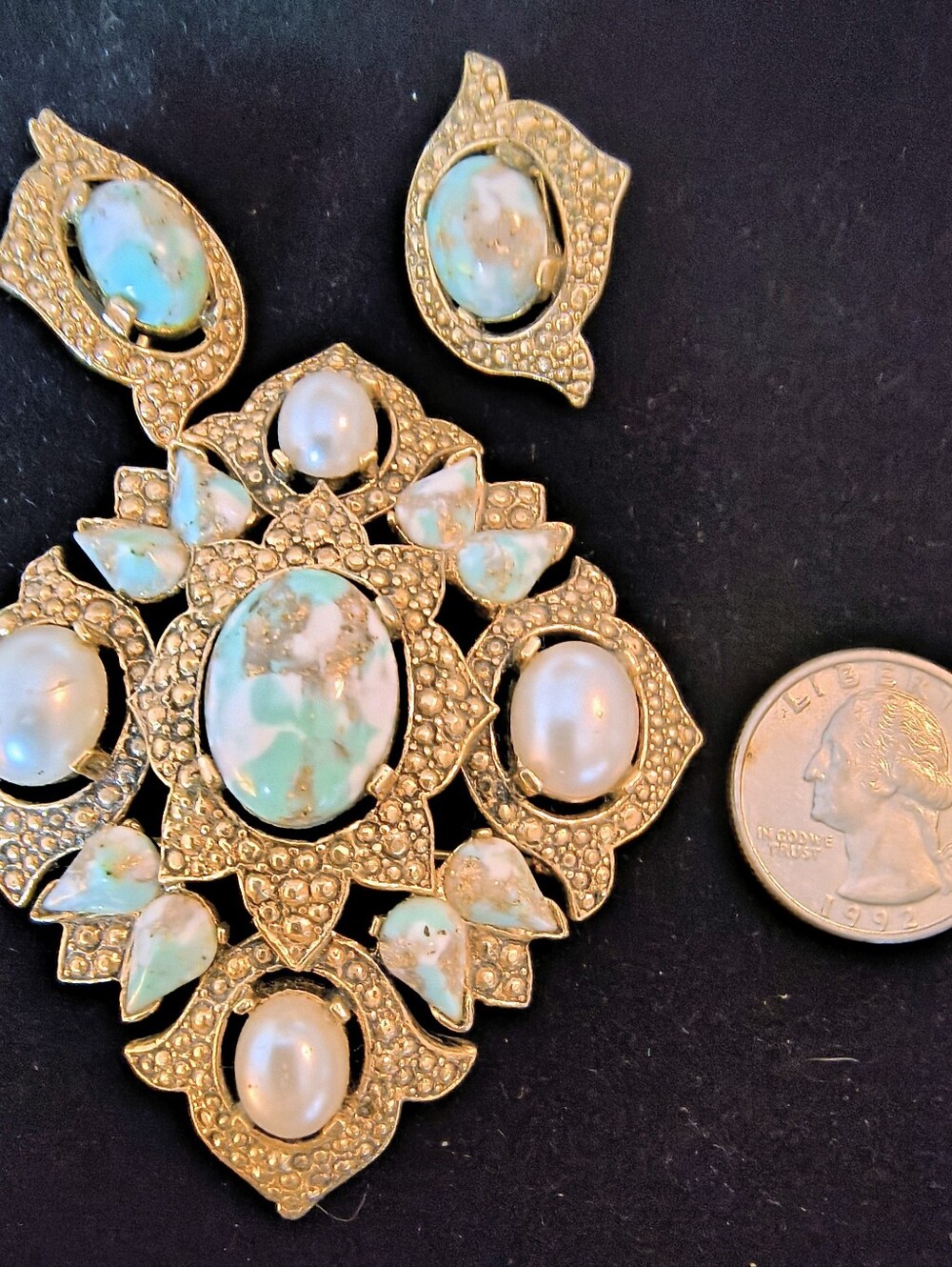 Vintage Sarah Coventry Fashion Splendor Brooch Earring Set Faux Turquoise Faux - Picture 8 of 8